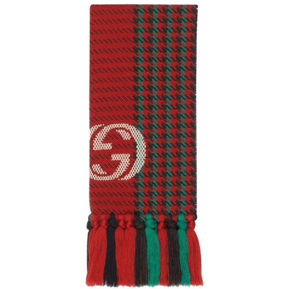 Gucci Interlocking GG Logo Red & Green Houndstooth Wool Tassel Scarf - Picture 9 of 12